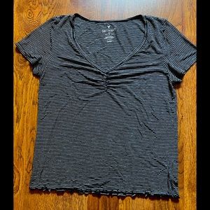 Striped V-Necked Ruffled Hem